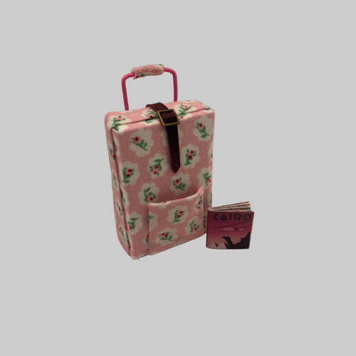 Pull along upright suitcase with travel book
